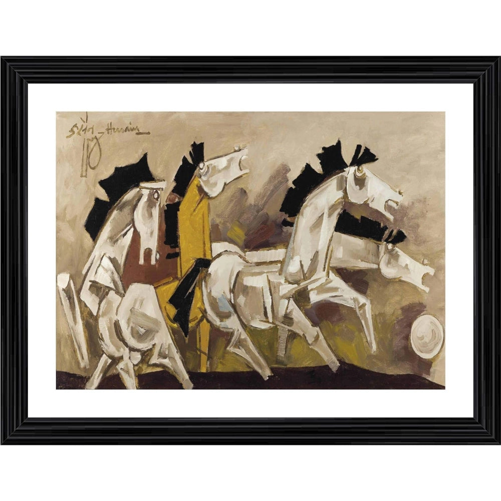 Generic Four Horses Painting With Wood Photo Frame (Multicolor) Main image