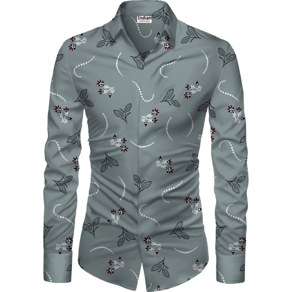 Generic Men's Casual Floral Printed Cotton Blend Unstitched Shirt Fabric 1.6 Mtrs (Grey) Main image