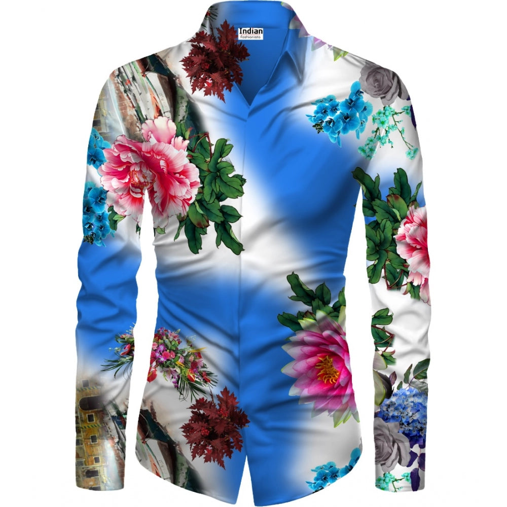 Generic Men's Casual Floral Printed Cotton Blend Unstitched Shirt Fabric 1.6 Mtrs (Blue) Main image