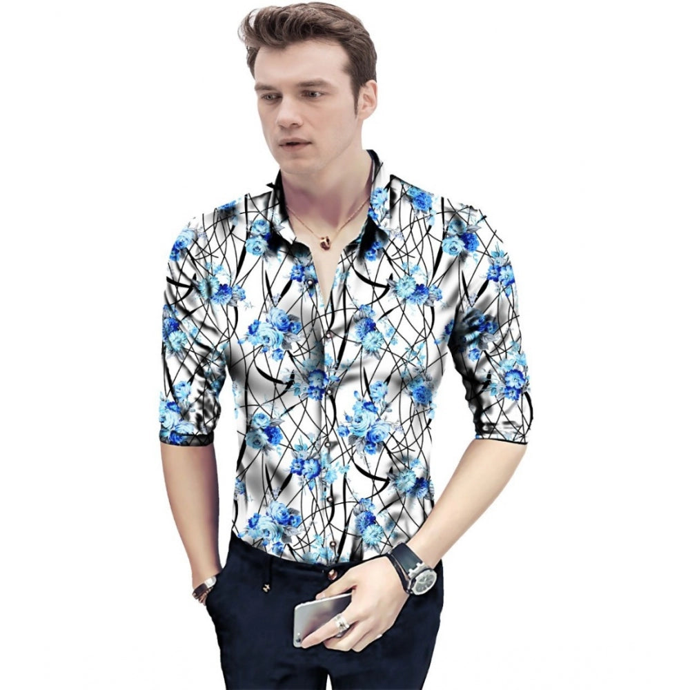 Generic Men's Casual Floral Printed Cotton Blend Unstitched Shirt Fabric 1.6 Mtrs (Blue) Main image