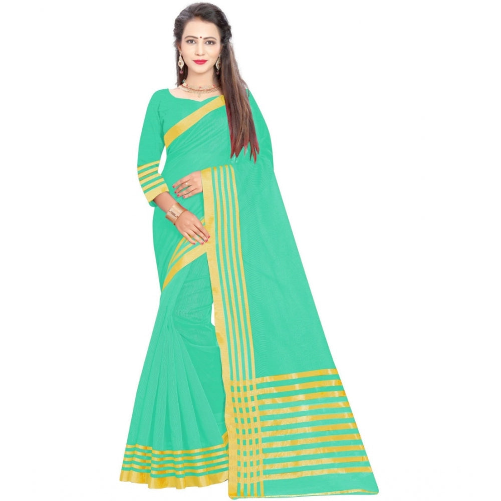 Generic Women's Jacquard Striped Saree With Unstitched Blouse 5.5Mtr (Green) Main image