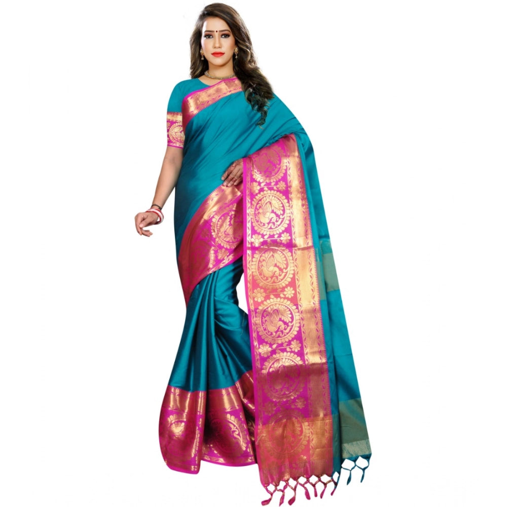 Generic Women's Jacquard Woven Saree With Unstitched Blouse 5.5Mtr (Dark Green) Main image