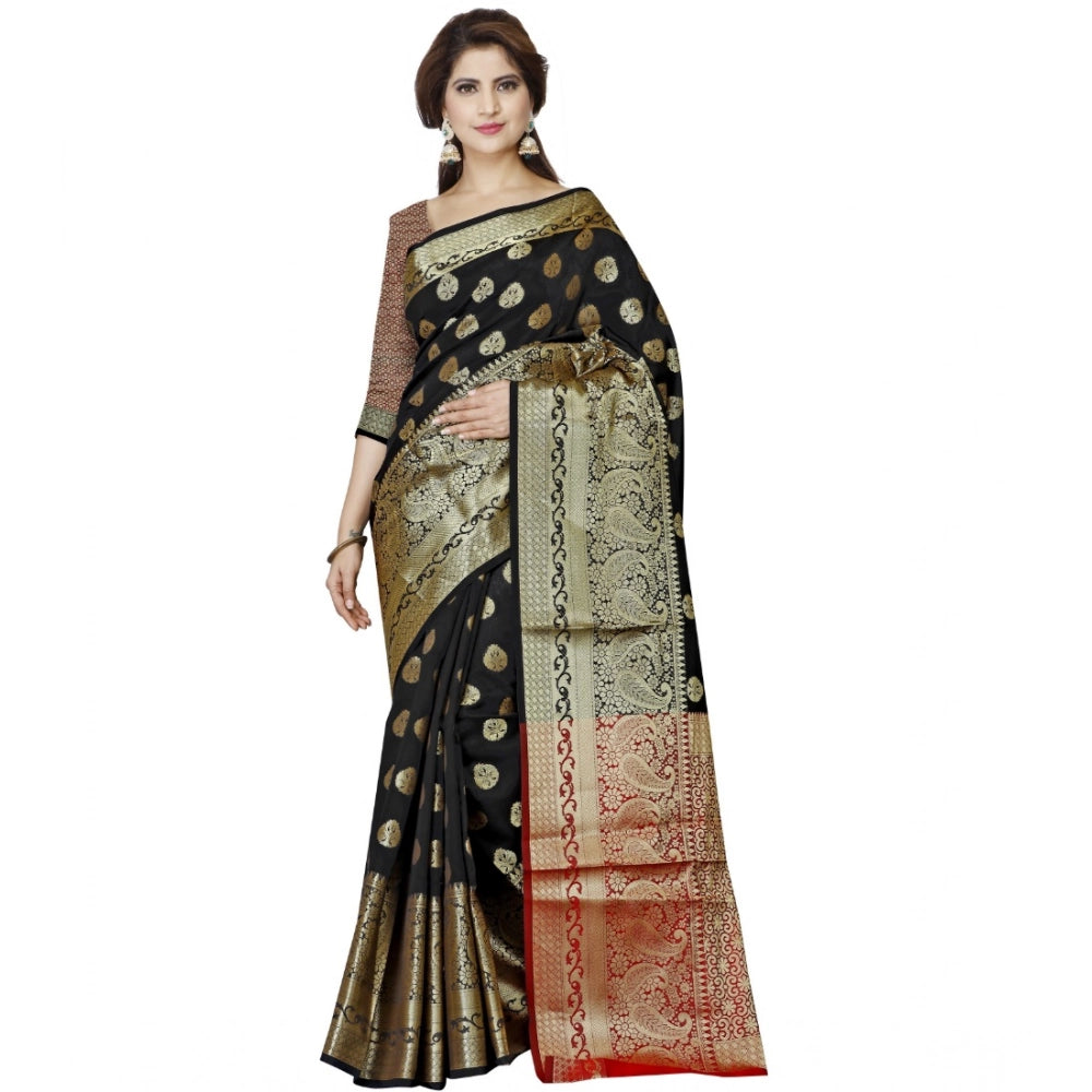 Generic Women's Jacquard Woven Saree With Unstitched Blouse 5.5Mtr (Black) Main image