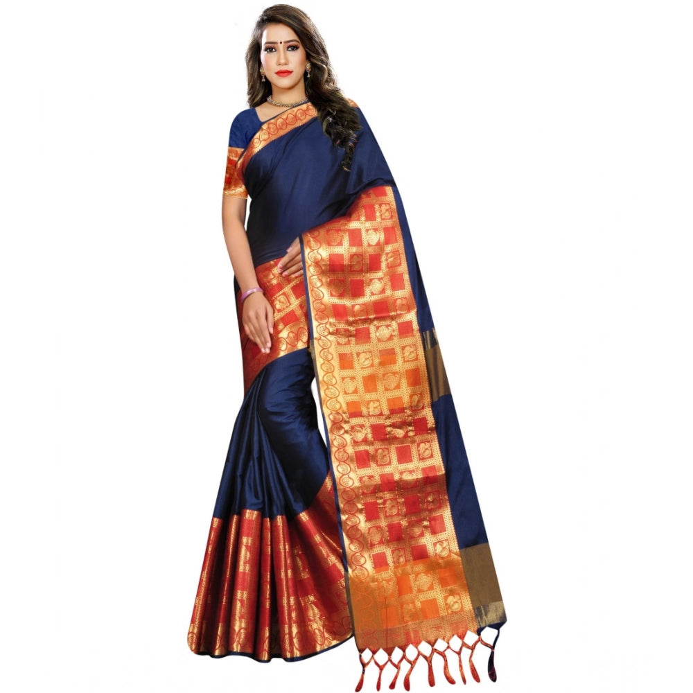 Generic Women's Jacquard Woven Saree With Unstitched Blouse 5.5Mtr (Blue) Main image