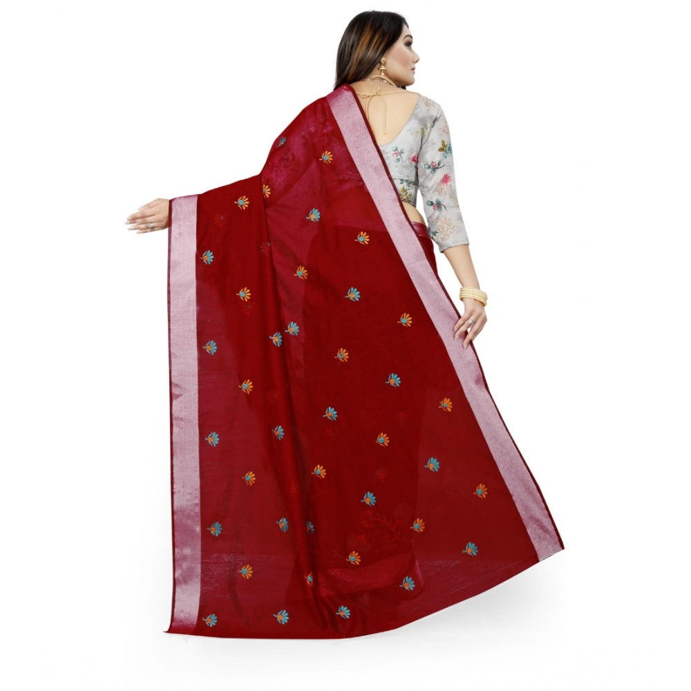 Generic Women's Cotton Silk Embroidered Saree With Unstitched Blouse 5.5Mtr (Maroon) Secondary image