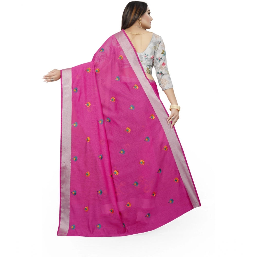 Generic Women's Cotton Silk Embroidered Saree With Unstitched Blouse 5.5Mtr (Pink) Secondary image