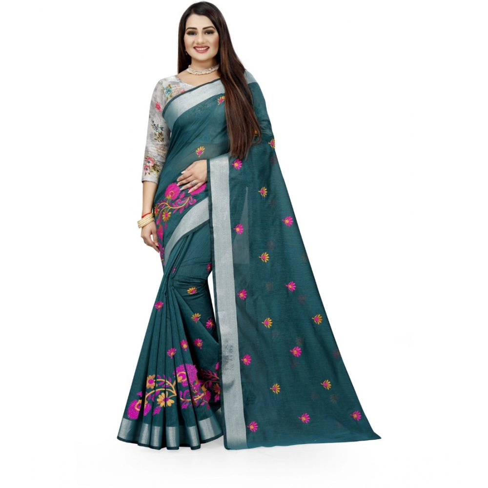 Generic Women's Cotton Silk Embroidered Saree With Unstitched Blouse 5.5Mtr (Dark Green) Main image
