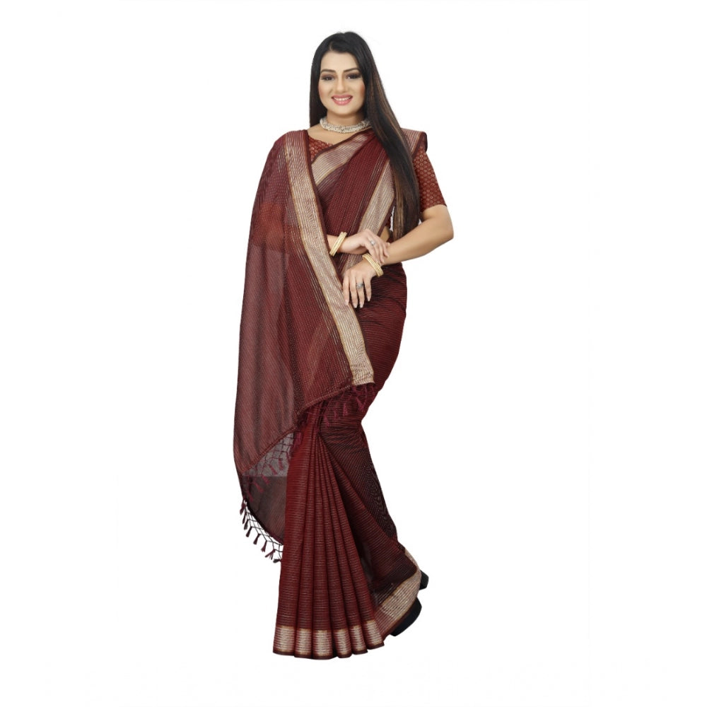 Generic Women's Cotton Blend Solid/Plain Saree With Unstitched Blouse 5.5Mtr (Maroon) Secondary image