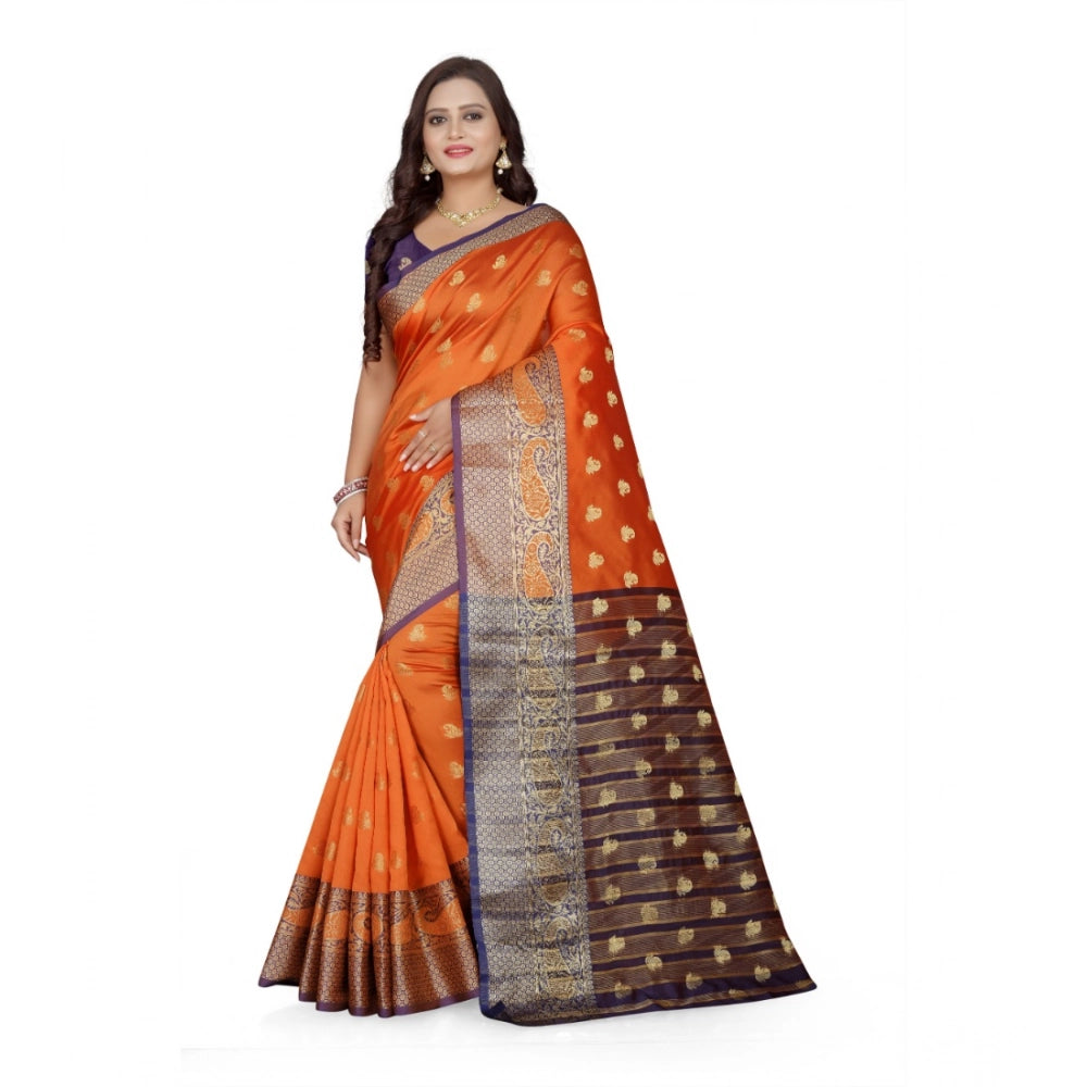 Generic Women's Jacquard Woven Saree With Unstitched Blouse 5.5Mtr (Orange) Main image