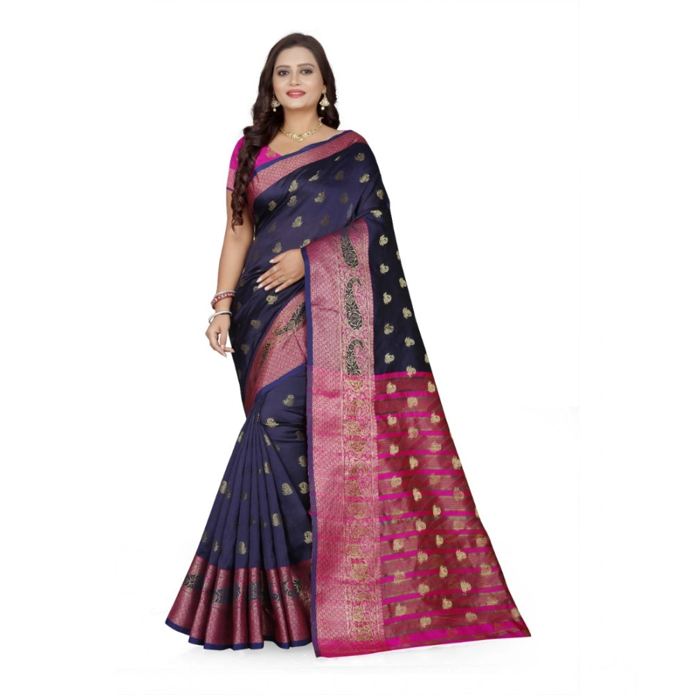 Generic Women's Jacquard Woven Saree With Unstitched Blouse 5.5Mtr (Dark Blue) Main image