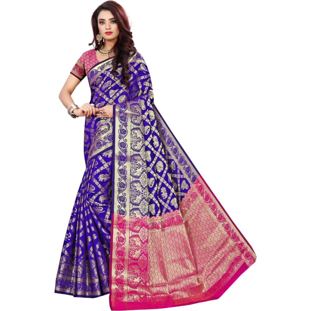 Generic Women's Jacquard Woven Saree With Unstitched Blouse 5.5Mtr (Blue) Main image