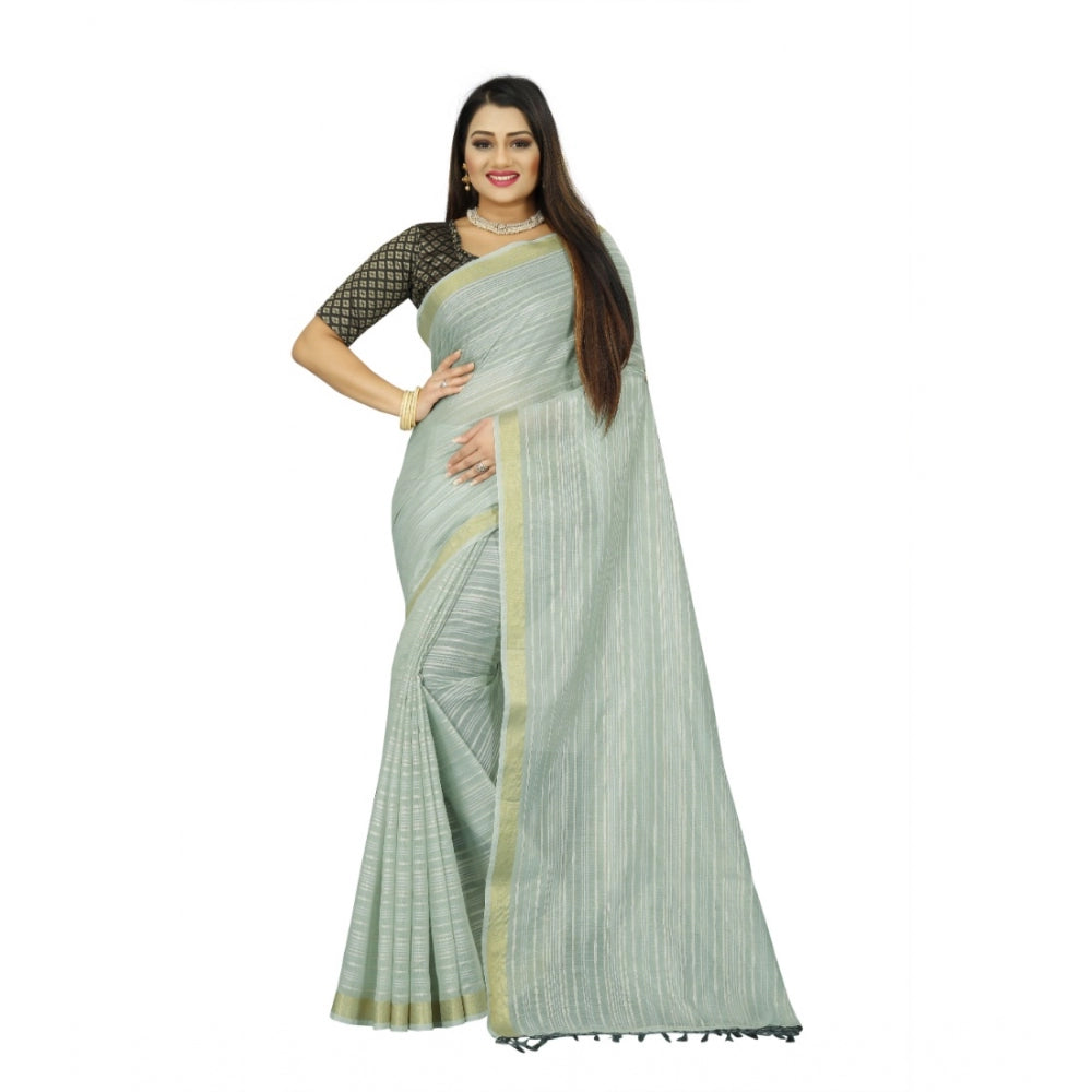 Generic Women's Cotton Blend Solid/Plain Saree With Unstitched Blouse 5.5Mtr (Light Green) Main image