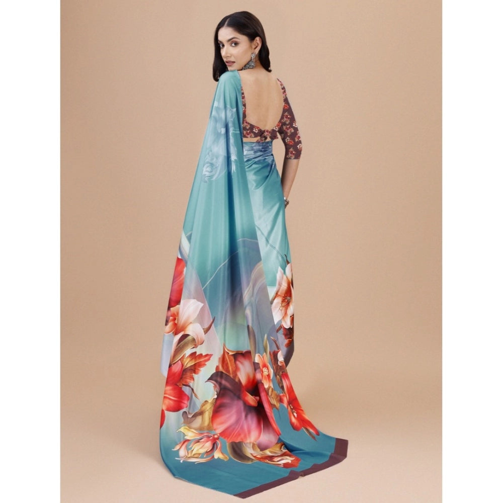 Generic Women's Crepe Digital Print Saree With Unstitched Blouse 5.5Mtr (Blue) Secondary image