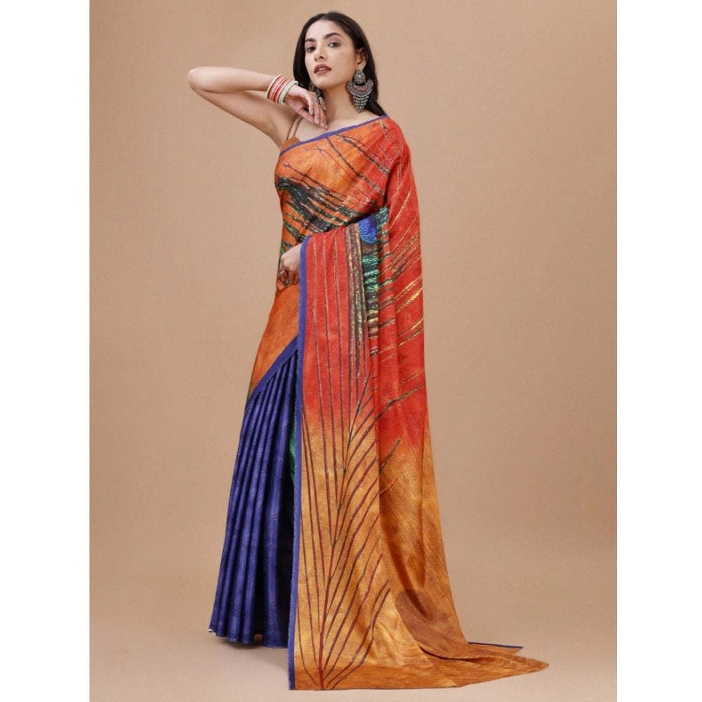 Generic Women's Crepe Digital Print Saree With Unstitched Blouse 5.5Mtr (Orange) Secondary image
