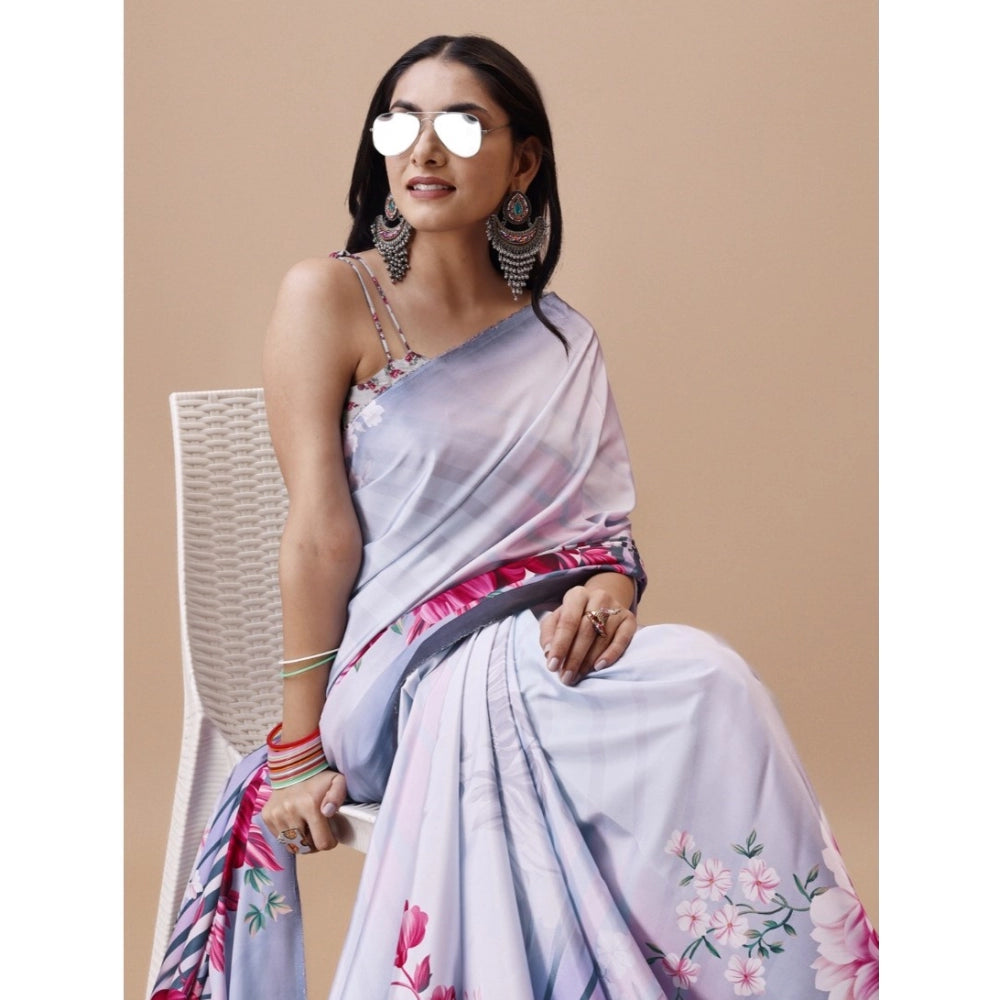 Generic Women's Crepe Digital Print Saree With Unstitched Blouse 5.5Mtr (Grey) Secondary image