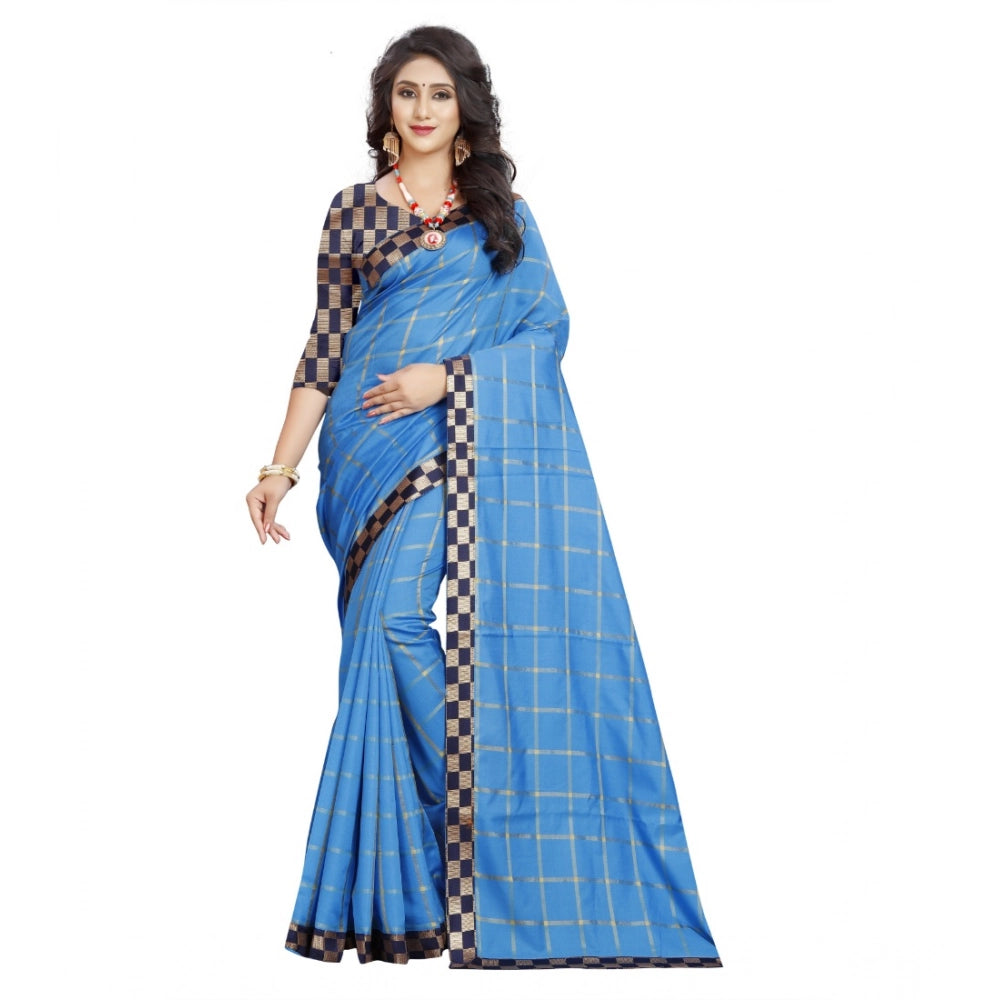 Generic Women's Cotton Silk Checkered Saree With Unstitched Blouse 5.5Mtr (Light Blue) Main image