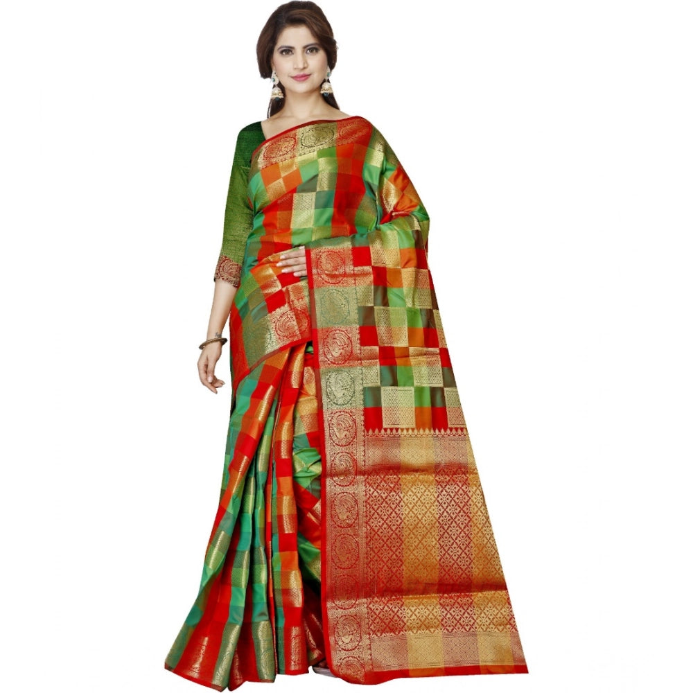 Generic Women's Jacquard Woven Saree With Unstitched Blouse 5.5Mtr (Red) Main image