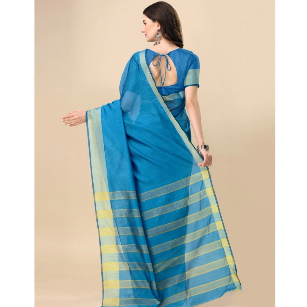Generic Women's Cotton Silk Striped Saree With Unstitched Blouse 5.5Mtr (Light Blue) Secondary image