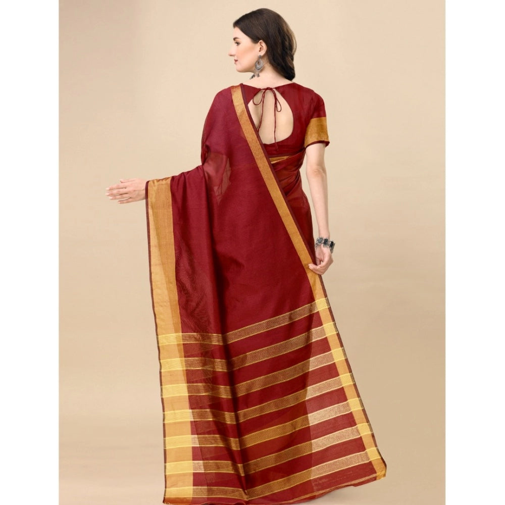 Generic Women's Cotton Silk Striped Saree With Unstitched Blouse 5.5Mtr (Maroon) Secondary image