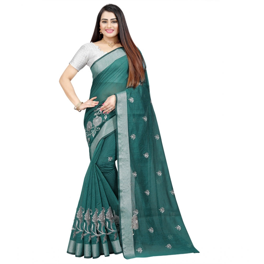 Generic Women's Cotton Silk Embroidered Saree With Unstitched Blouse 5.5Mtr (Dark Green) Main image
