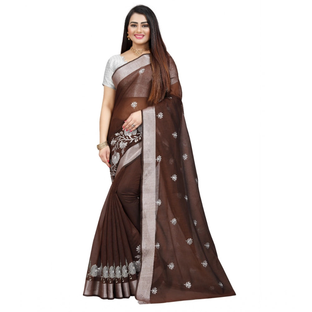 Generic Women's Cotton Silk Embroidered Saree With Unstitched Blouse 5.5Mtr (Brown) Main image