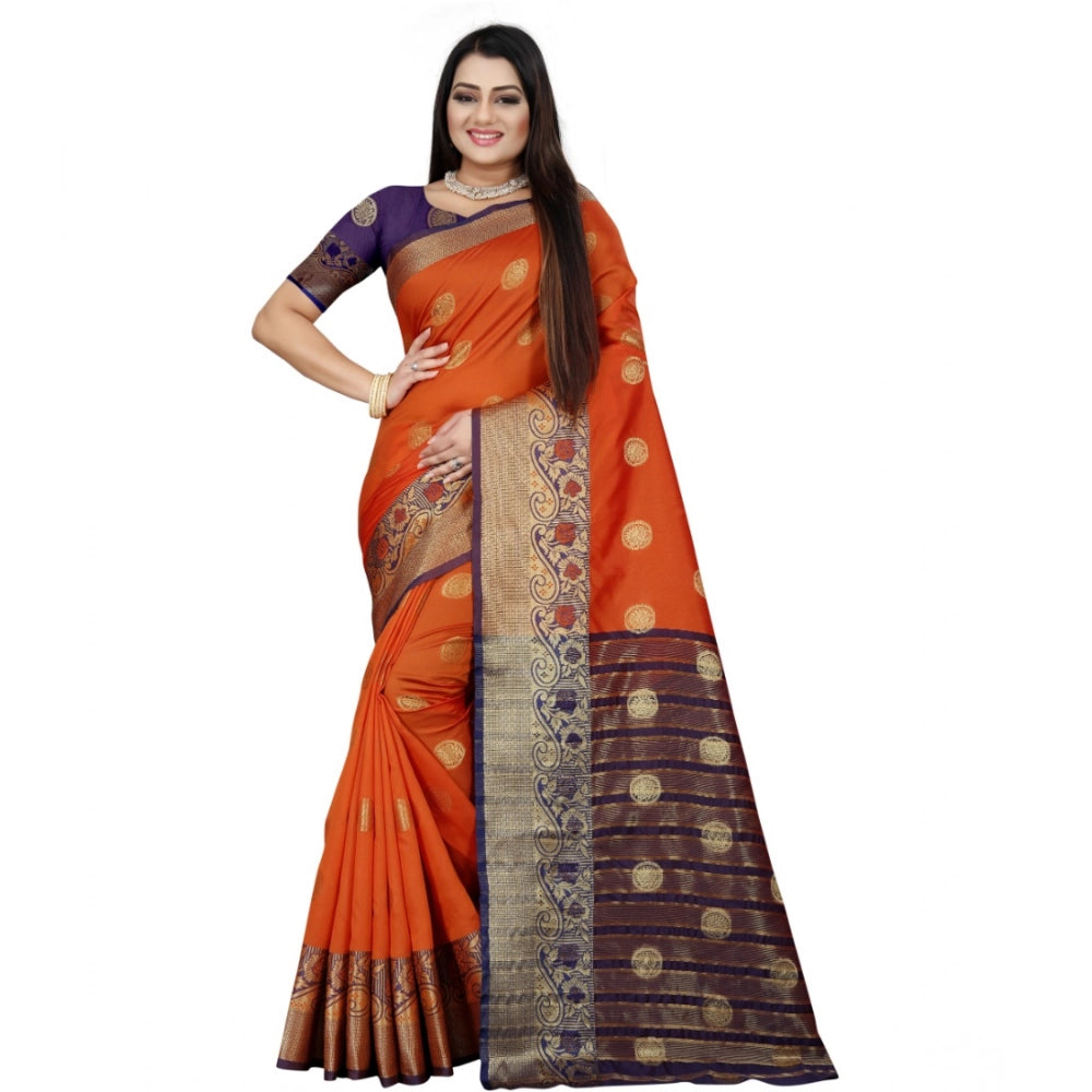 Generic Women's Silk Blend Woven Saree With Unstitched Blouse 5.5Mtr (Blue-Orange) Main image