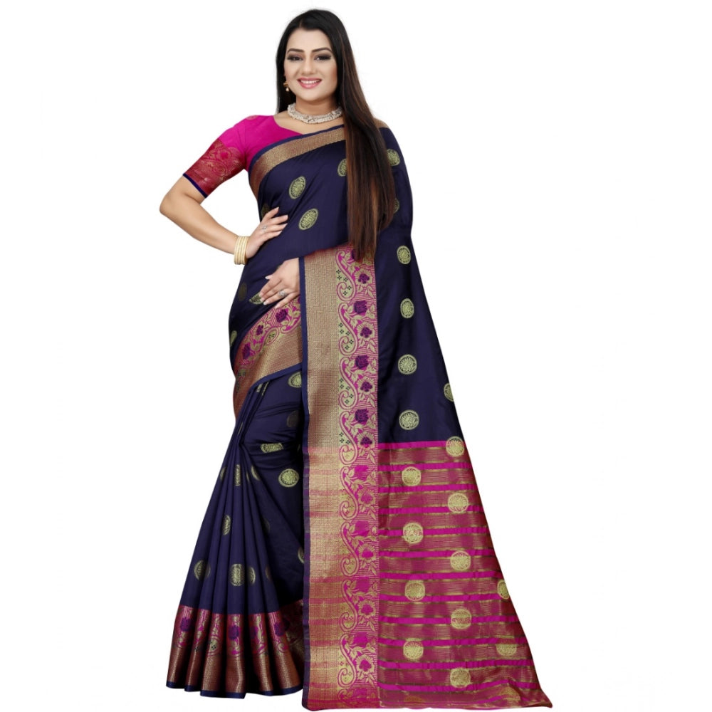 Generic Women's Silk Blend Woven Saree With Unstitched Blouse 5.5Mtr (Dark Blue-Pink) Main image