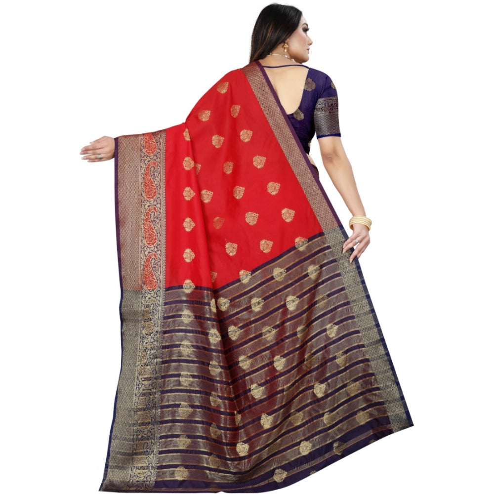 Generic Women's Silk Blend Woven Saree With Unstitched Blouse 5.5Mtr (Purple-Red) Secondary image