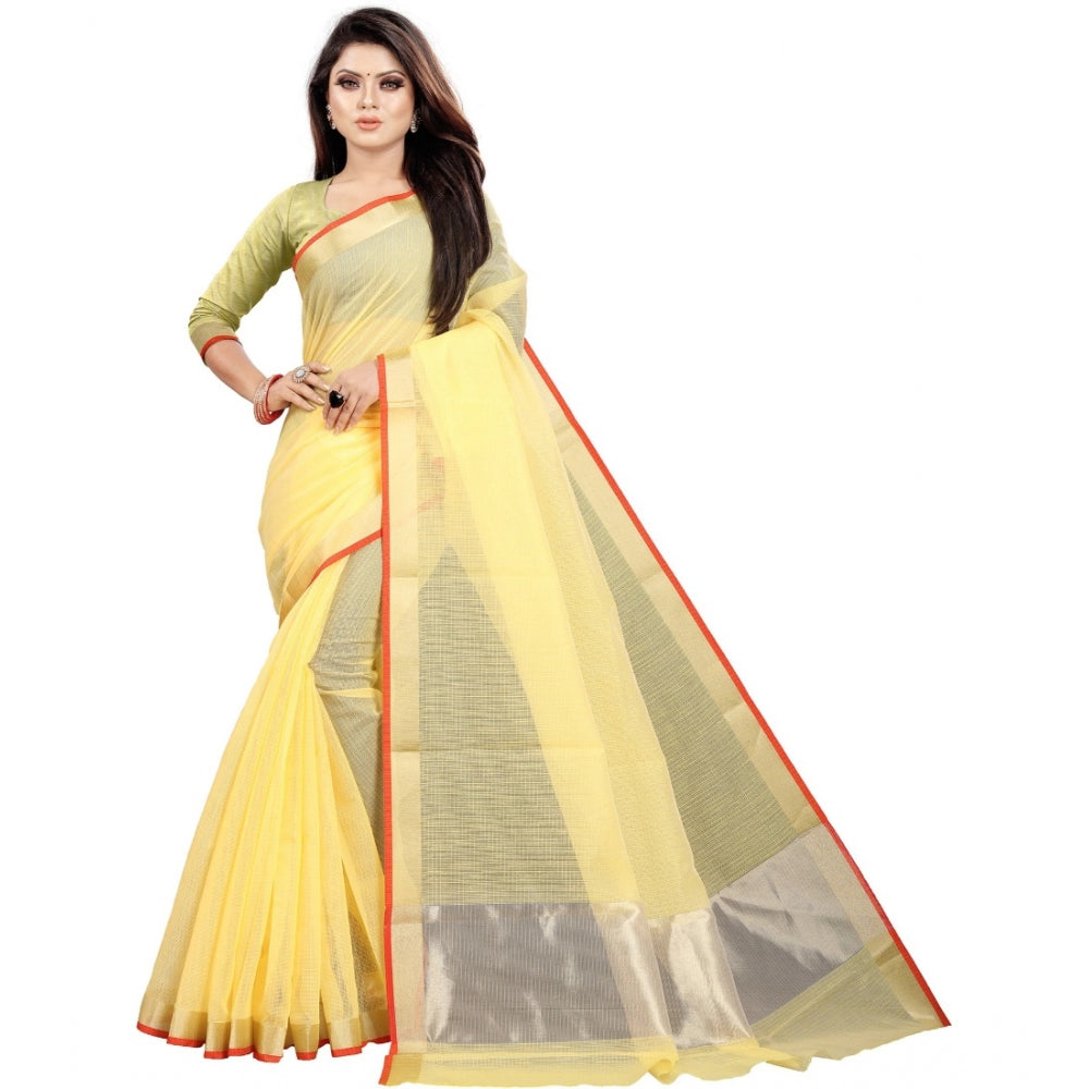 Generic Women's Cotton Silk Checkered Saree With Unstitched Blouse 5.5Mtr (Yellow) Main image
