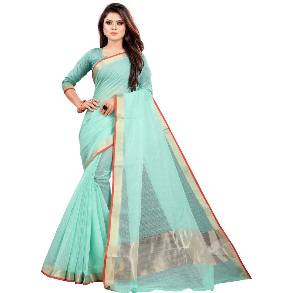 Generic Women's Cotton Silk Checkered Saree With Unstitched Blouse 5.5Mtr (Light Blue) Main image