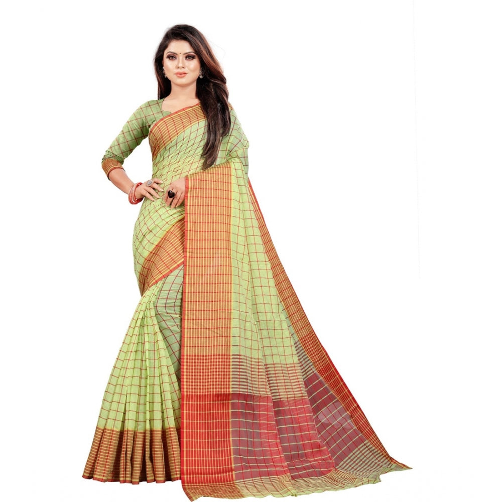 Generic Women's Cotton Silk Checkered Saree With Unstitched Blouse 5.5Mtr (Green) Main image