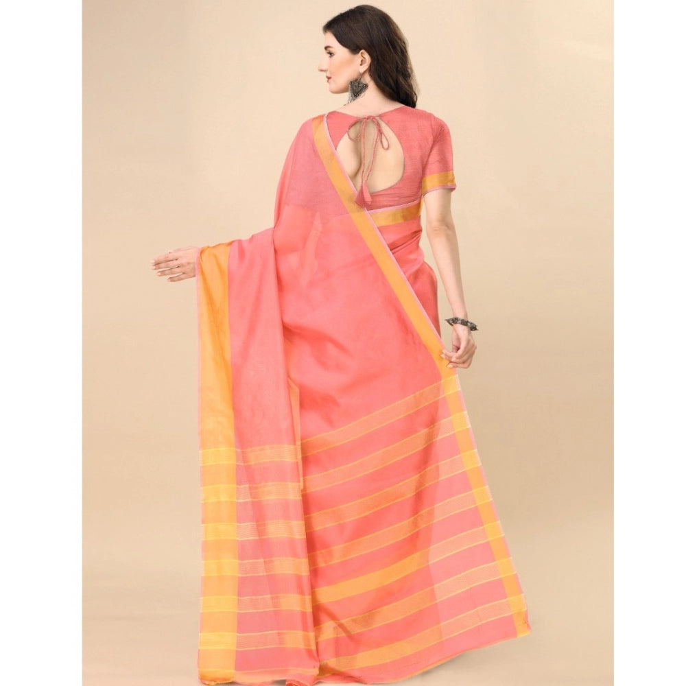 Generic Women's Cotton Silk Striped Saree With Unstitched Blouse 5.5Mtr (Pink) Secondary image