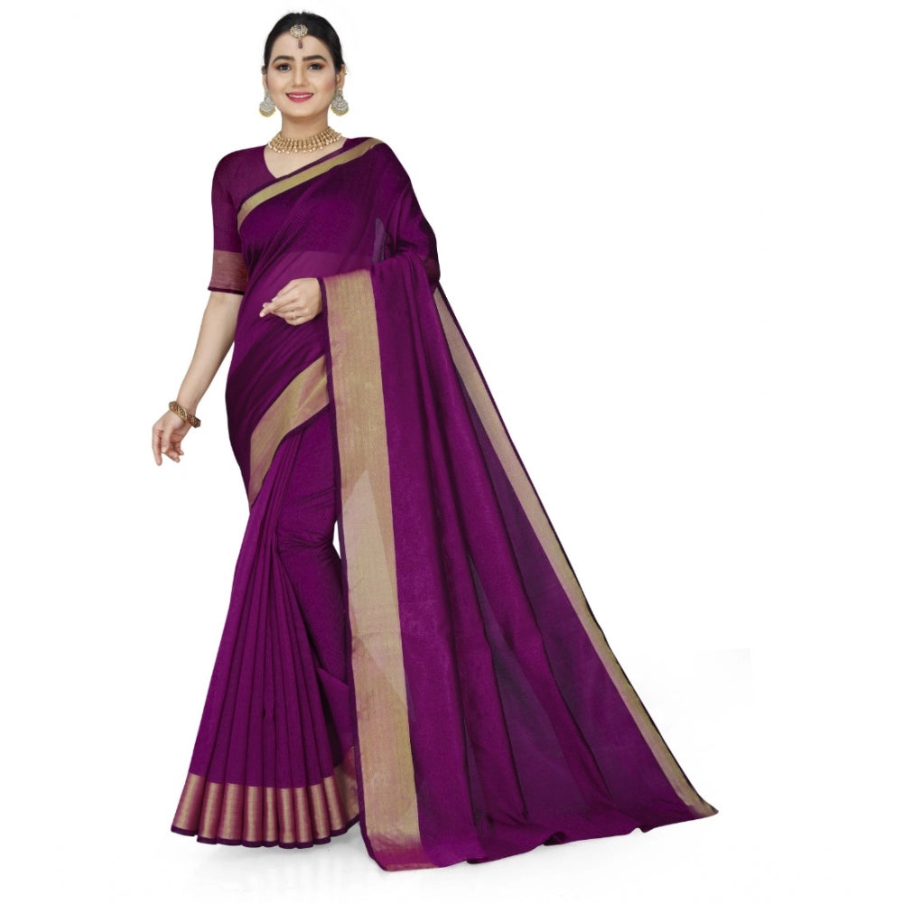 Generic Women's Cotton Silk Self Design Saree With Unstitched Blouse 5.5Mtr (Purple) Main image