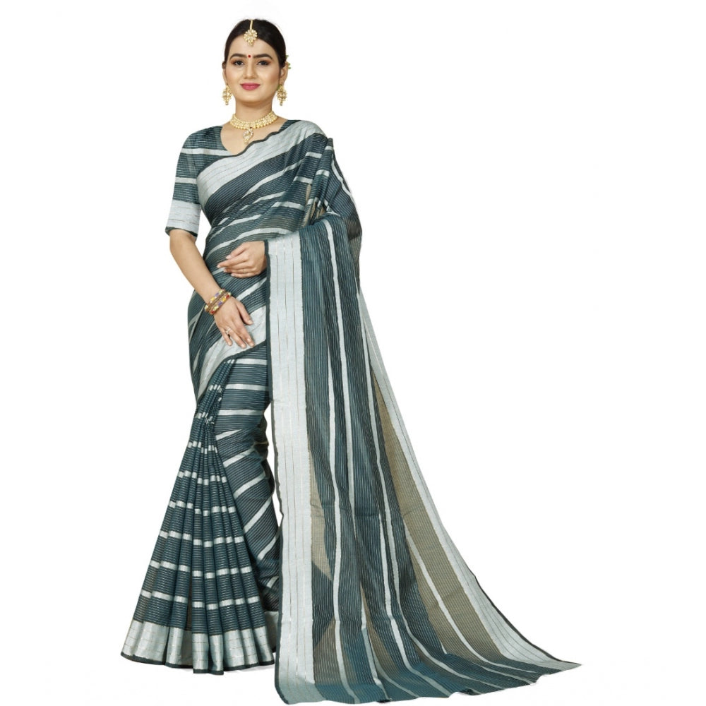 Generic Women's Cotton Silk Striped Saree With Unstitched Blouse 5.5Mtr (Dark Green) Main image