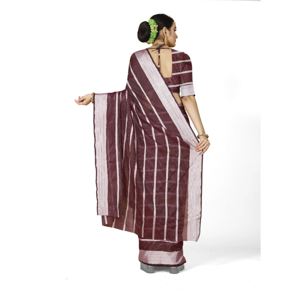 Generic Women's Cotton Silk Striped Saree With Unstitched Blouse 5.5Mtr (Maroon) Secondary image