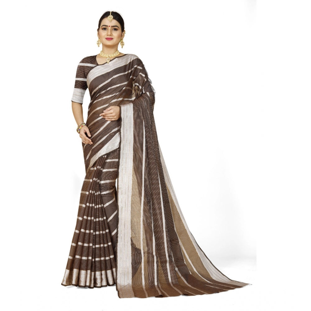 Generic Women's Cotton Silk Striped Saree With Unstitched Blouse 5.5Mtr (Brown) Main image