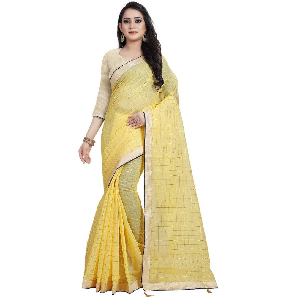 Generic Women's Cotton Silk Checkered Saree With Unstitched Blouse 5.5Mtr (Yellow) Main image