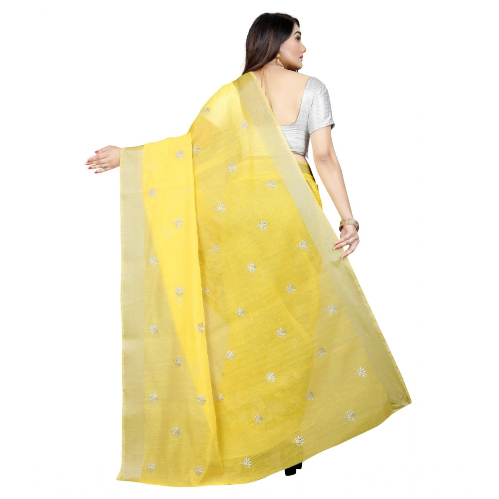Generic Women's Cotton Silk Embroidered Saree With Unstitched Blouse 5.5Mtr (Yellow) Secondary image