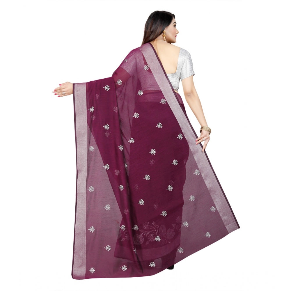 Generic Women's Cotton Silk Embroidered Saree With Unstitched Blouse 5.5Mtr (Purple) Secondary image