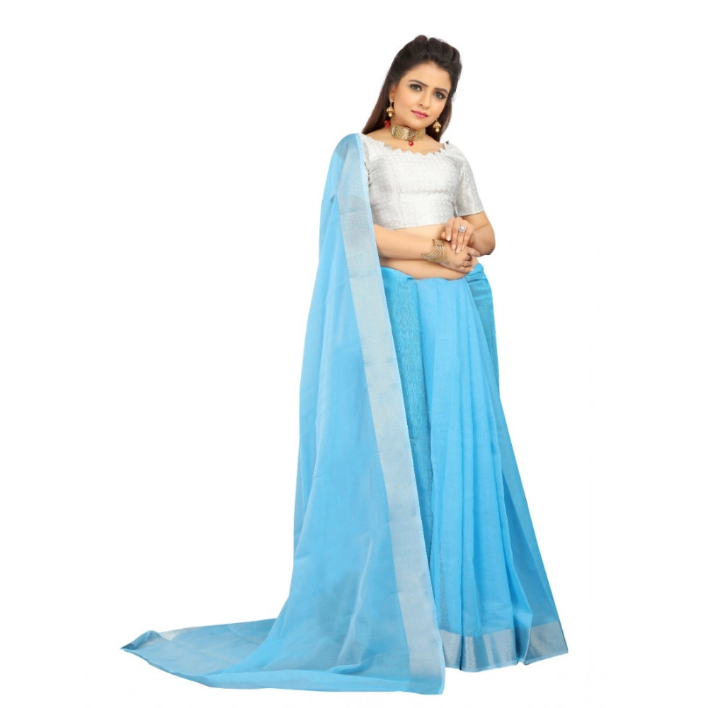 Generic Women's Cotton Silk Self Design Saree With Unstitched Blouse 5.5Mtr (Light Blue) Secondary image