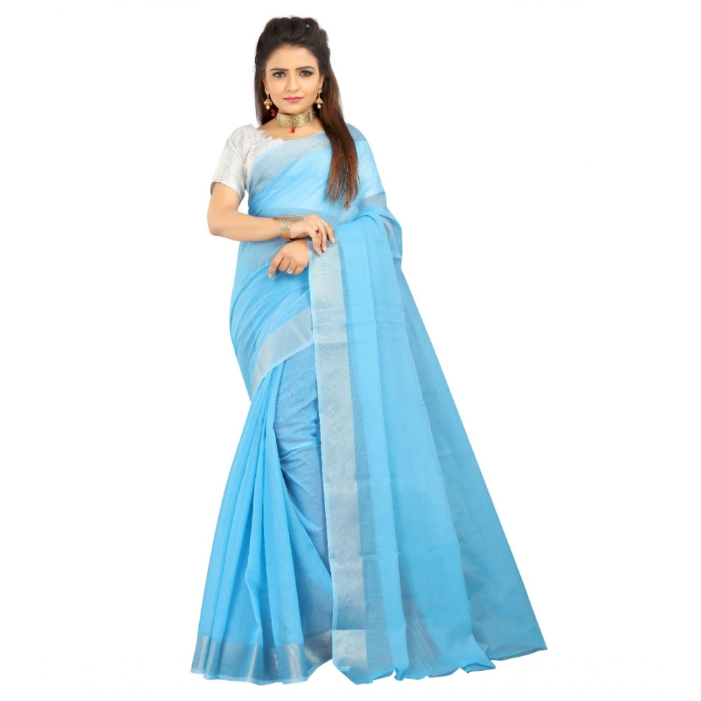 Generic Women's Cotton Silk Self Design Saree With Unstitched Blouse 5.5Mtr (Light Blue) Main image
