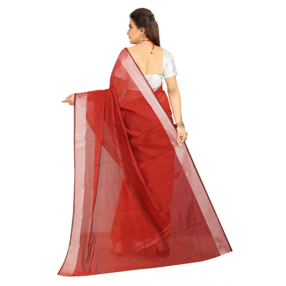 Generic Women's Cotton Silk Self Design Saree With Unstitched Blouse 5.5Mtr (Red) Secondary image