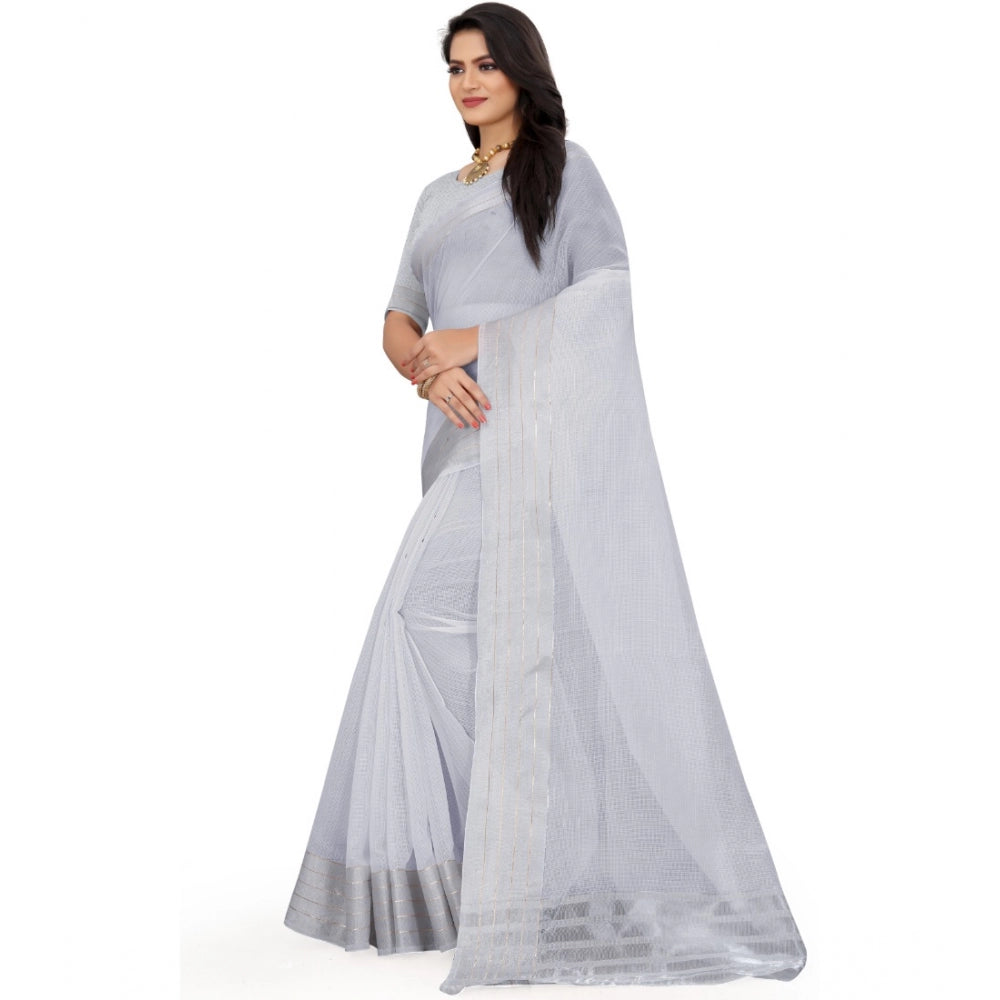 Generic Women's Cotton Jute Self Design Saree With Unstitched Blouse 5.5Mtr (Grey) Secondary image