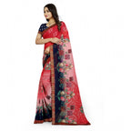 Generic Women's Georgette Floral Print Saree With Unstitched Blouse 5.5Mtr (Red-Blue)