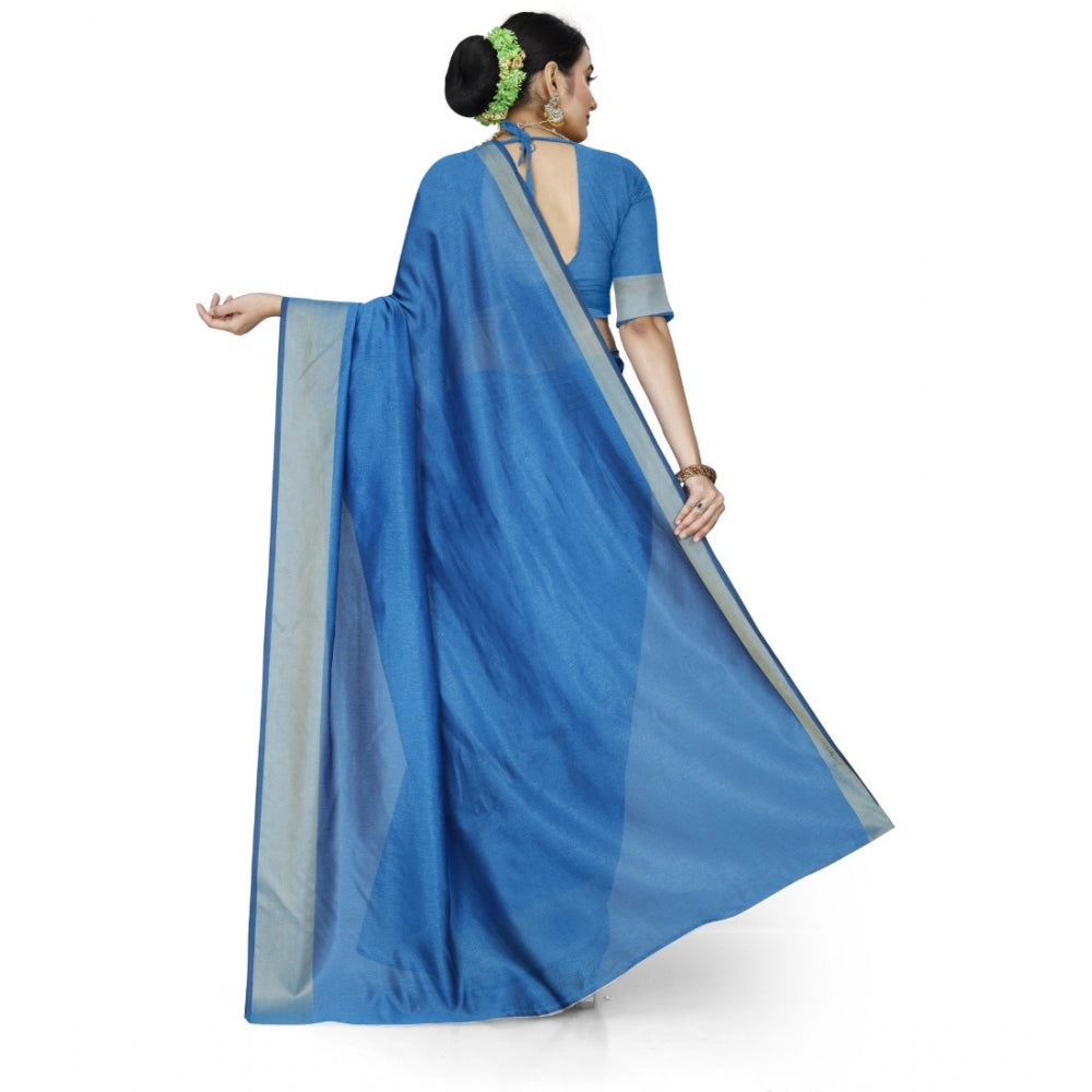 Generic Women's Cotton Silk Self Design Saree With Unstitched Blouse 5.5Mtr (Light Blue) Secondary image