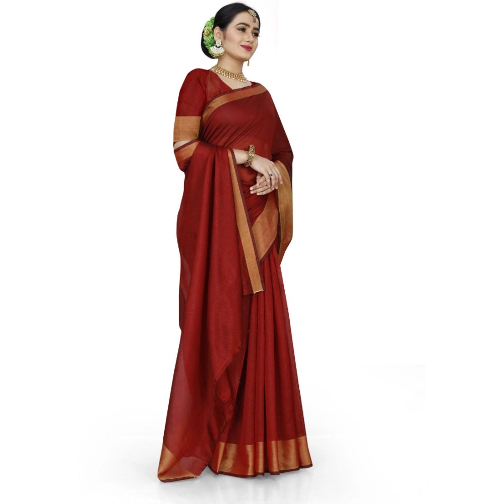 Generic Women's Cotton Silk Self Design Saree With Unstitched Blouse 5.5Mtr (Red) Secondary image
