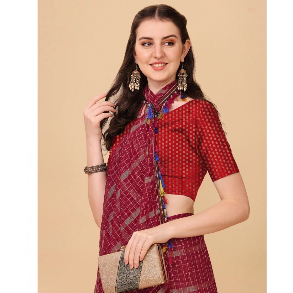 Generic Women's Silk Blend Checkered Saree With Unstitched Blouse 5.5Mtr (Red) Secondary image