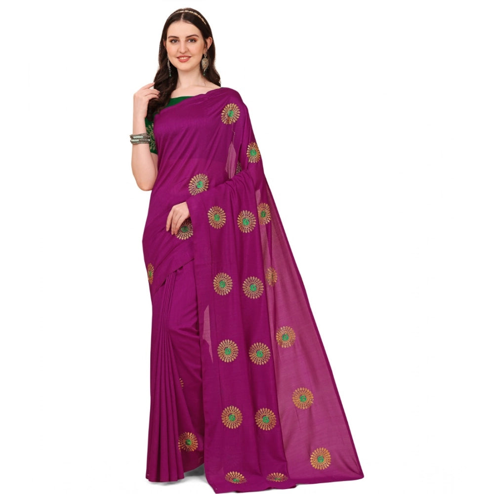Generic Women's Silk Blend Embroidered Saree With Unstitched Blouse 5.5Mtr (Purple) Main image