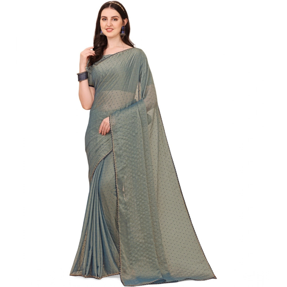 Generic Women's Silk Blend Embellished Saree With Unstitched Blouse 5.5Mtr (Grey) Main image