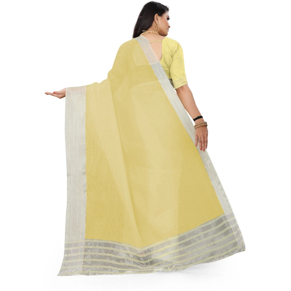 Generic Women's Cotton Jute Self Design Saree With Unstitched Blouse 5.5Mtr (Yellow)